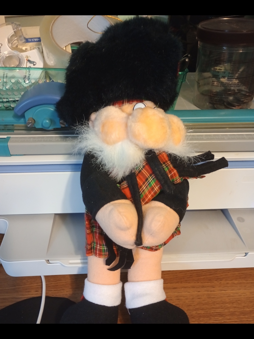Plush Scottish Highlander Doll in Black Hat and Tartan Kilt